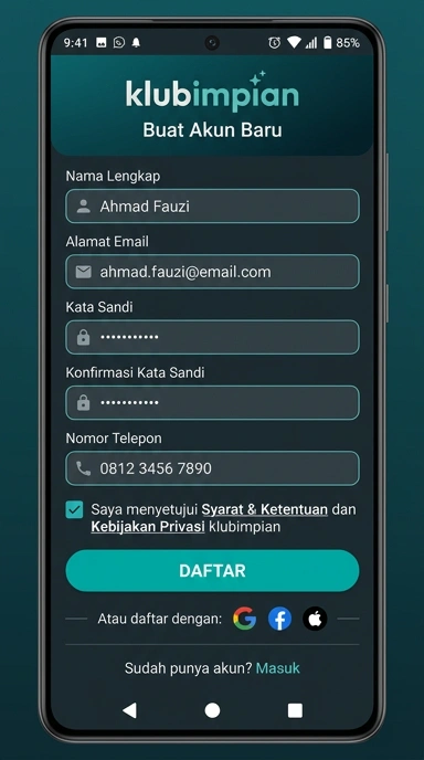 Cara Registrasi Akun Baru klubimpian di Android